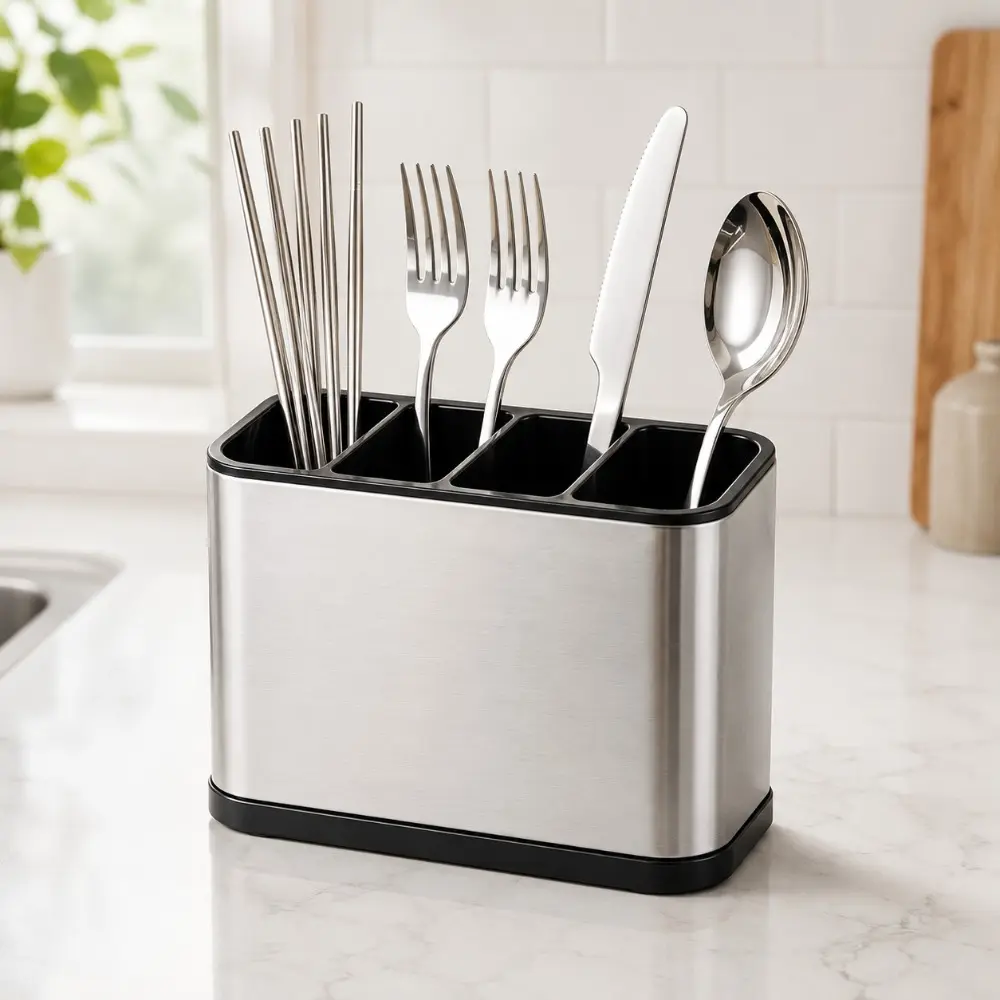 Stainless Steel-Flatware Sorter with Steel-ABS Build, 4-Compartment Rectangular Storage Holder for Kitchen Counter, Boxed Compact Caddy with Drain Tray for Forks, Knives, Spoons & Chopsticks