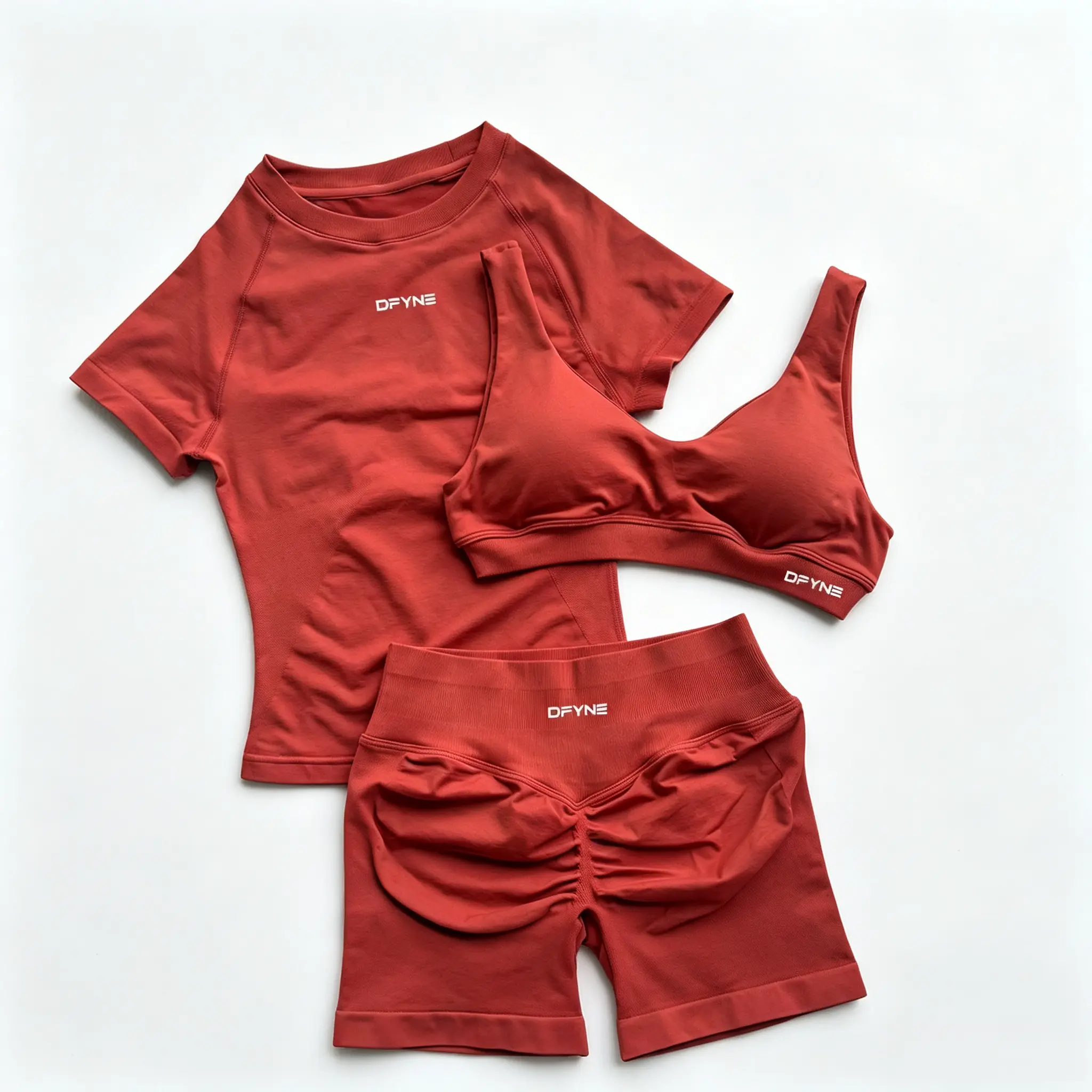 Female Seamless 3-Piece Athletic Activewear Set - DFYNE Short Sleeve Shirt, Supportive Bra, Gym Shorts for All-Around Use with Athletic Look