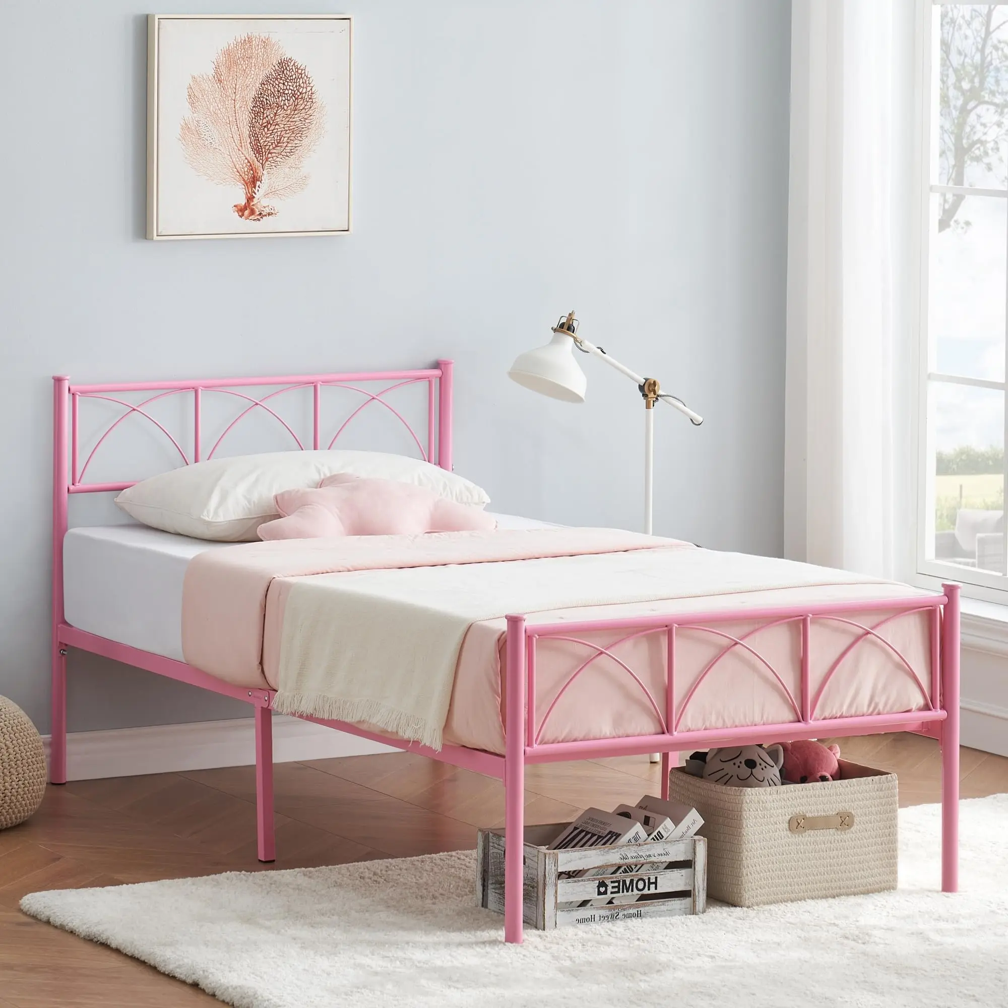 Pink Heavy Duty Metal Bed Frame with Headboard & Footboard for Kids Teens Girls Boys, Sturdy Noise-Free Steel Slats, Large Under-Bed Storage, No Box Spring Required, Easy Assembly Youth Bedroom Furniture