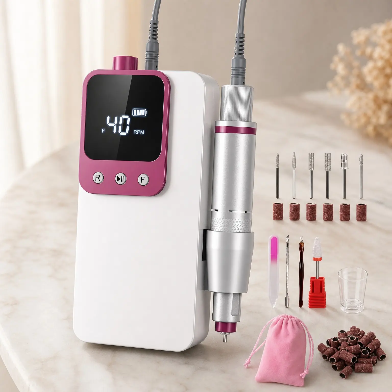 Professional Cordless Electric Nail Drill 40000RPM - Rechargeable Portable Efile Machine for Acrylic Gel Nails, Salon Grade Manicure Kit (White)