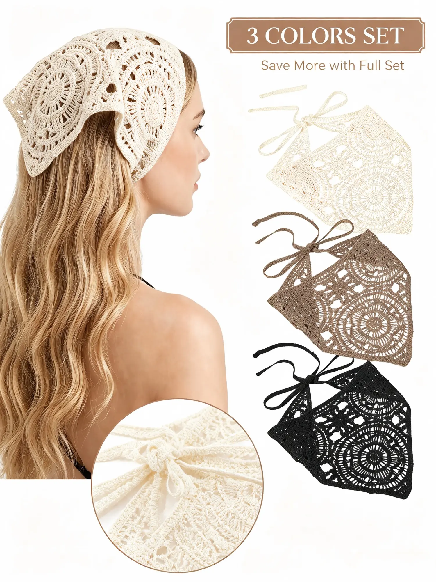 Vintage Boho Crochet Hollow Triangle Headscarf for Women, Adjustable Tie Knit Hair Band, Summer Beach Music Festival Hair Accessory, 3 Colors Optional Set