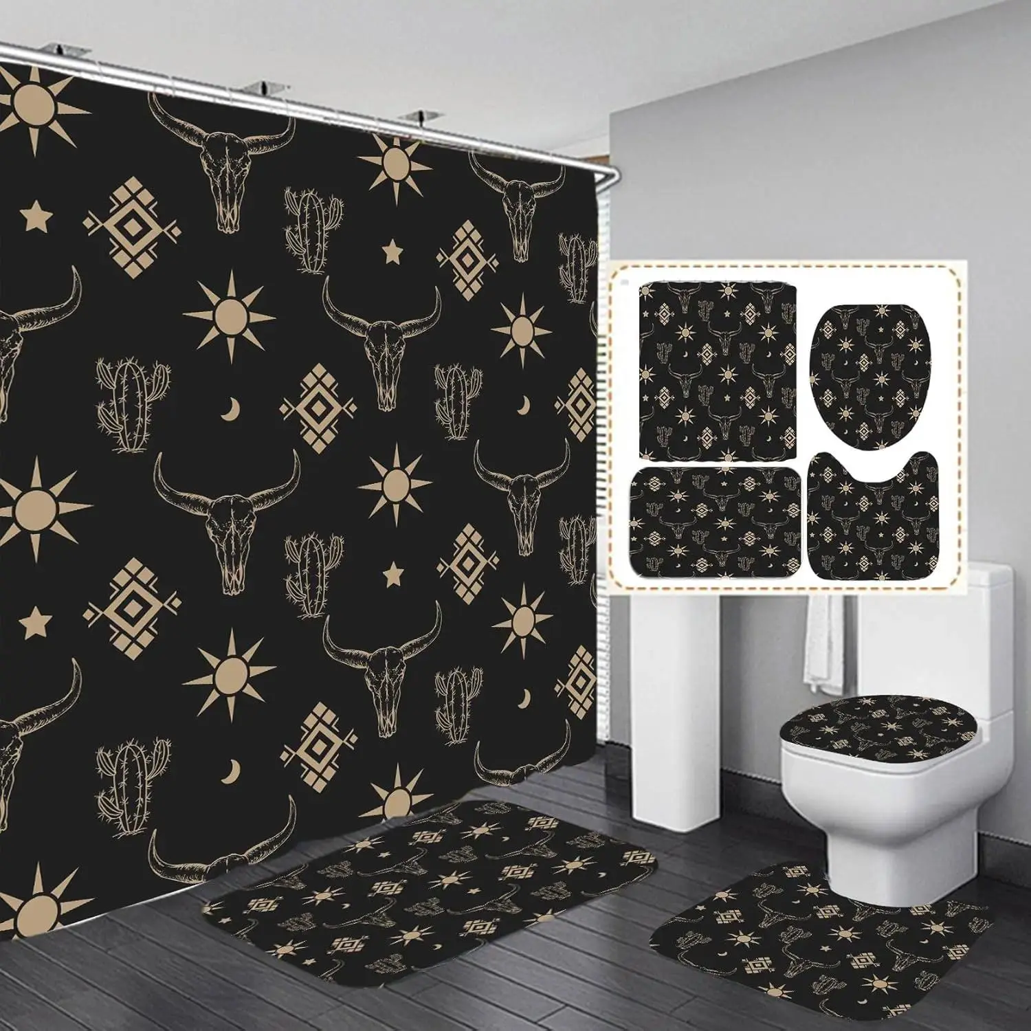 Polyester Geometric Bull Head Pattern 4-Piece Bathroom Accessory Set - 4pcs-a/1 Set, Includes Shower Curtain, Toilet Lid Cover, Mat, U-Shape Toilet Mat - Bathroom Decor, Shower Essentials, 4-Piece Set