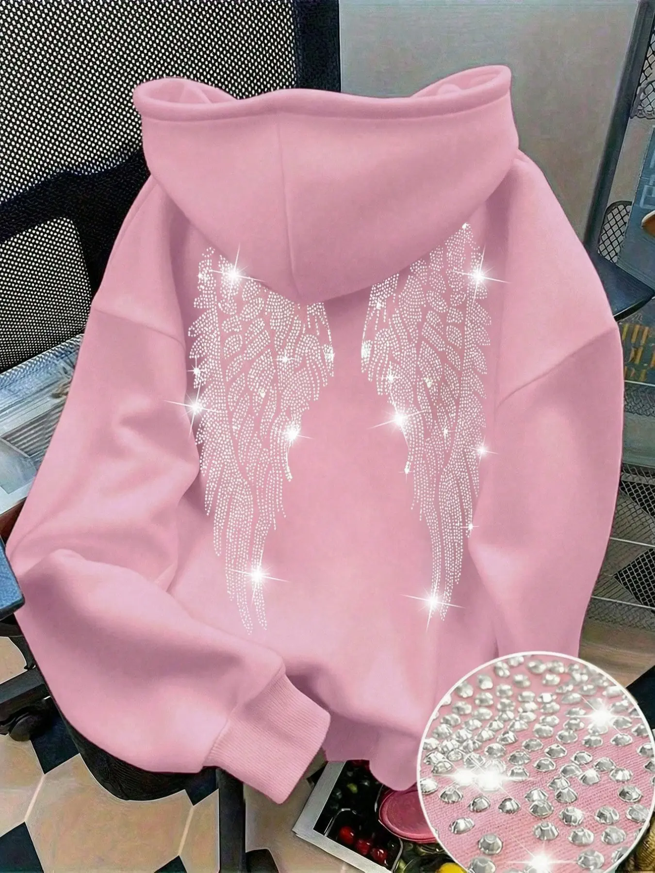Women's Rhineston Glitter Wing Sequin Hoodie, Cute Casual Top, Fashion Drawstring Pocket Sweatshirt, Fall Winter Outerwear, Daily Holiday Wear