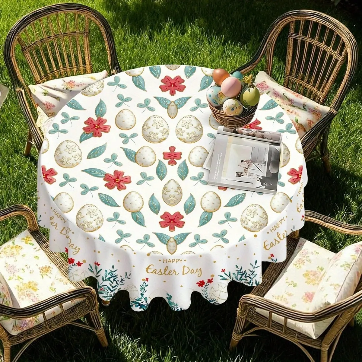 Easter Egg Floral Round Tablecloth, 153cm Polyester Fan Edge, Perfect for Outdoor Picnics, Family Gatherings, Easter Parties, Spring Decor