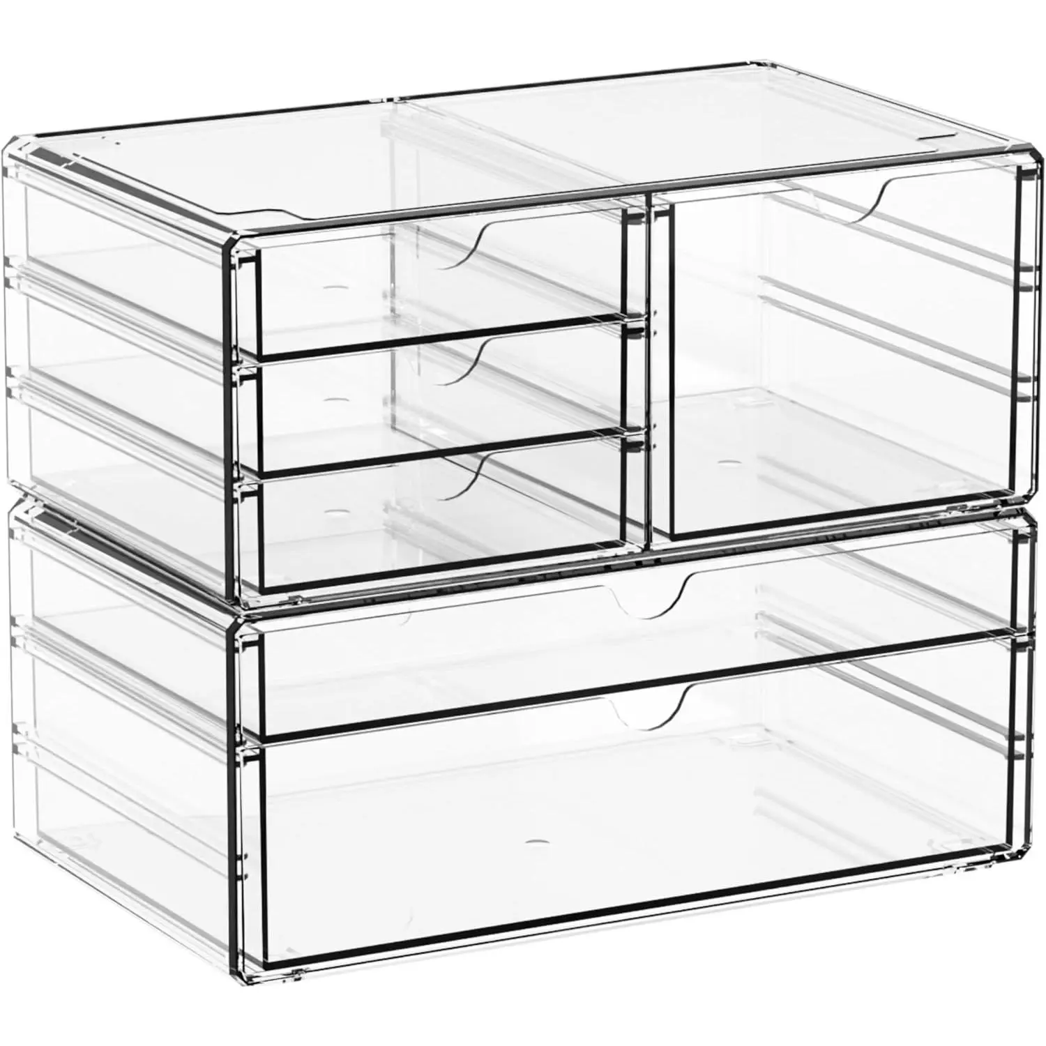 2 Pack Acrylic Drawer Organizer With 6 Drawers,Stackable 11.1” Large Clear Storage Drawers and Makeup Organizer For Vanity,Bathroom Countertop,Cabinet,Pantry,Office Supply Storage Bins Drawers