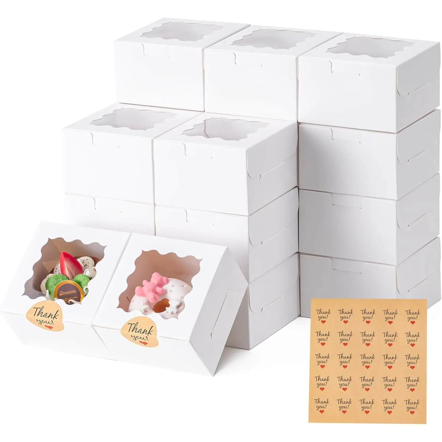 20 count Cookie Boxes with Window, 4x4x2.5 Inches Bakery Boxes with 25 count Stickers for Cookies, Bakery, Desserts, Candy,  Covered Strawberries, Mini Cake (White)