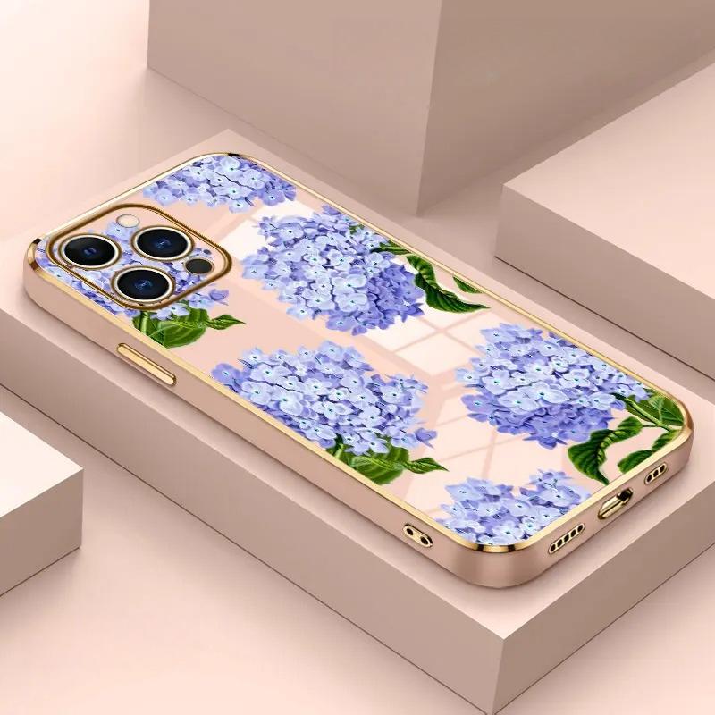 Electroplated TPU Phone Case Lavender Hydrangea Grace Pattern Classic Straight Design Scratch Resistant Softcase for iPhone 17 15 Pro Max 16 14 Plus 13 12 11