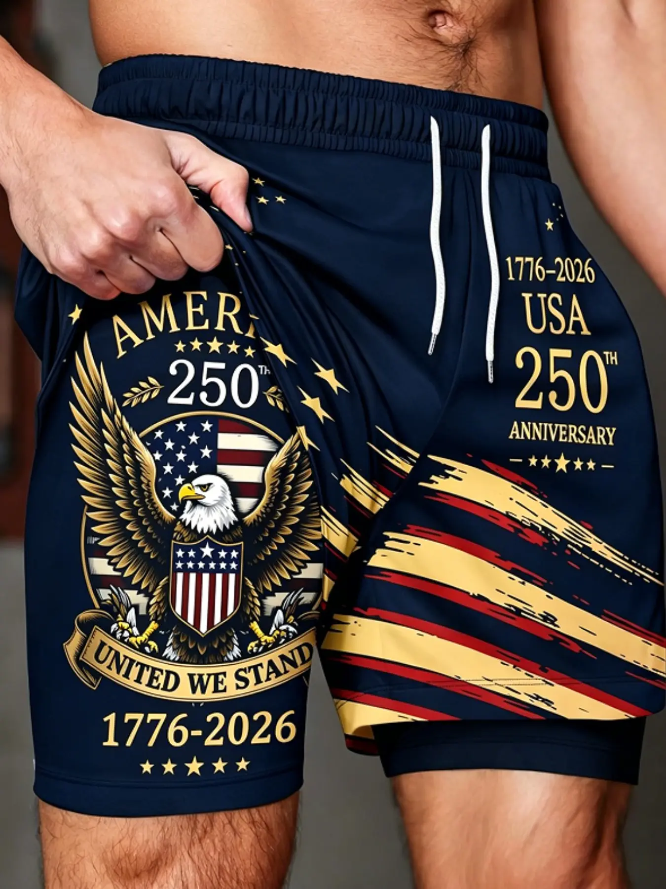 Men's 2-in-1 Quick Dry Athletic Shorts, USA 250th Anniversary Bald Eagle & Stars and Stripes Print Drawstring Casual Summer Gym Shorts