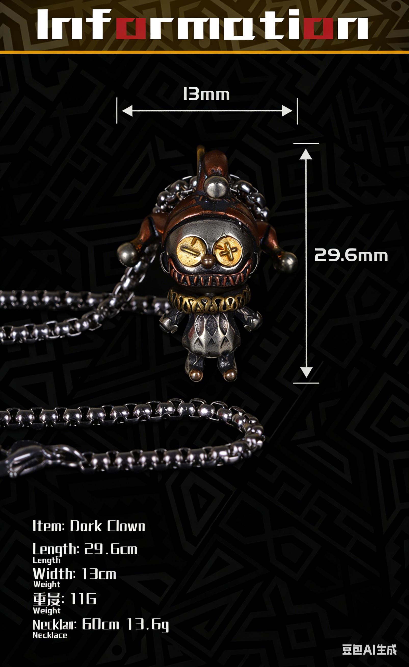 Dark Style Clown Doll Pendant Necklace Vintage Distressed Copper Punk Trendy Toy Edgy Streetwear Unisex Dark Aesthetic Accessory D-019 60cm Box Chain