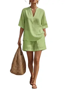 Women’s Linen 2 Piece Set, Casual Button V Neck Shirt & Drawstring Shorts, Perfect for Vacation, Beach & Summer
