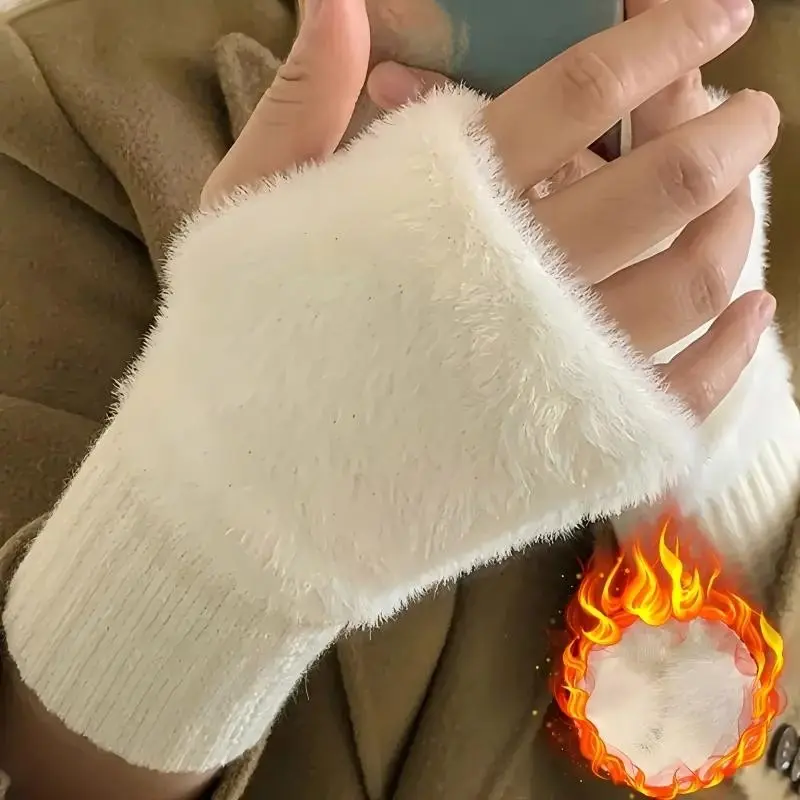 Fuzzy Knit Fingerless Thermal Gloves, Windproof Soft Half Finger Hand Warmers, Warm Wrist Cuffs for Unisex, Winter Daily Wear