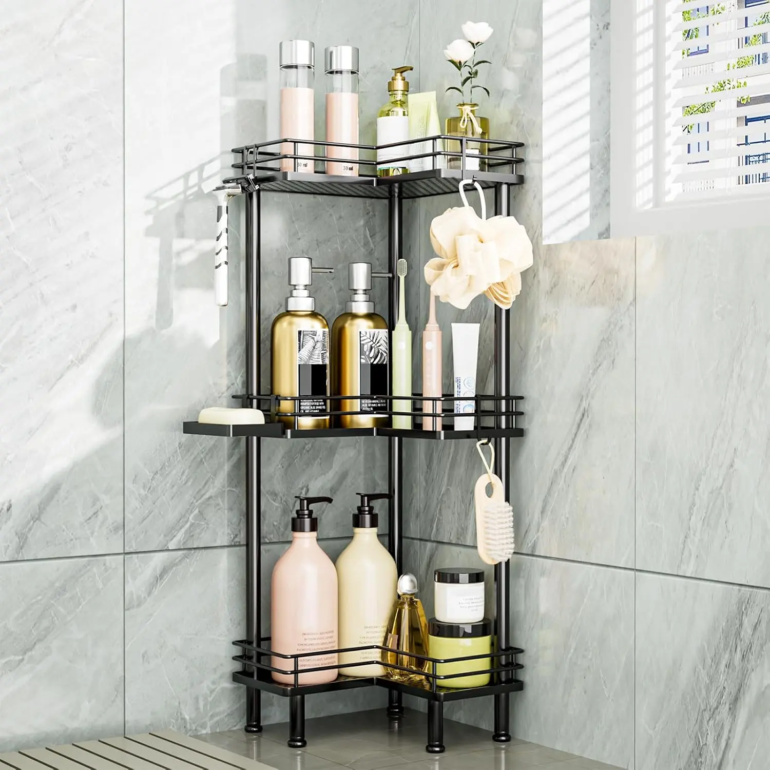 Corner Shower Caddy Standing - 3-Tier Stainless Steel Shower Organizer with Soap Holder and 4 Hooks, Large Capacity Corner Shelf Stand for Bathroom, Rest Room, Black
