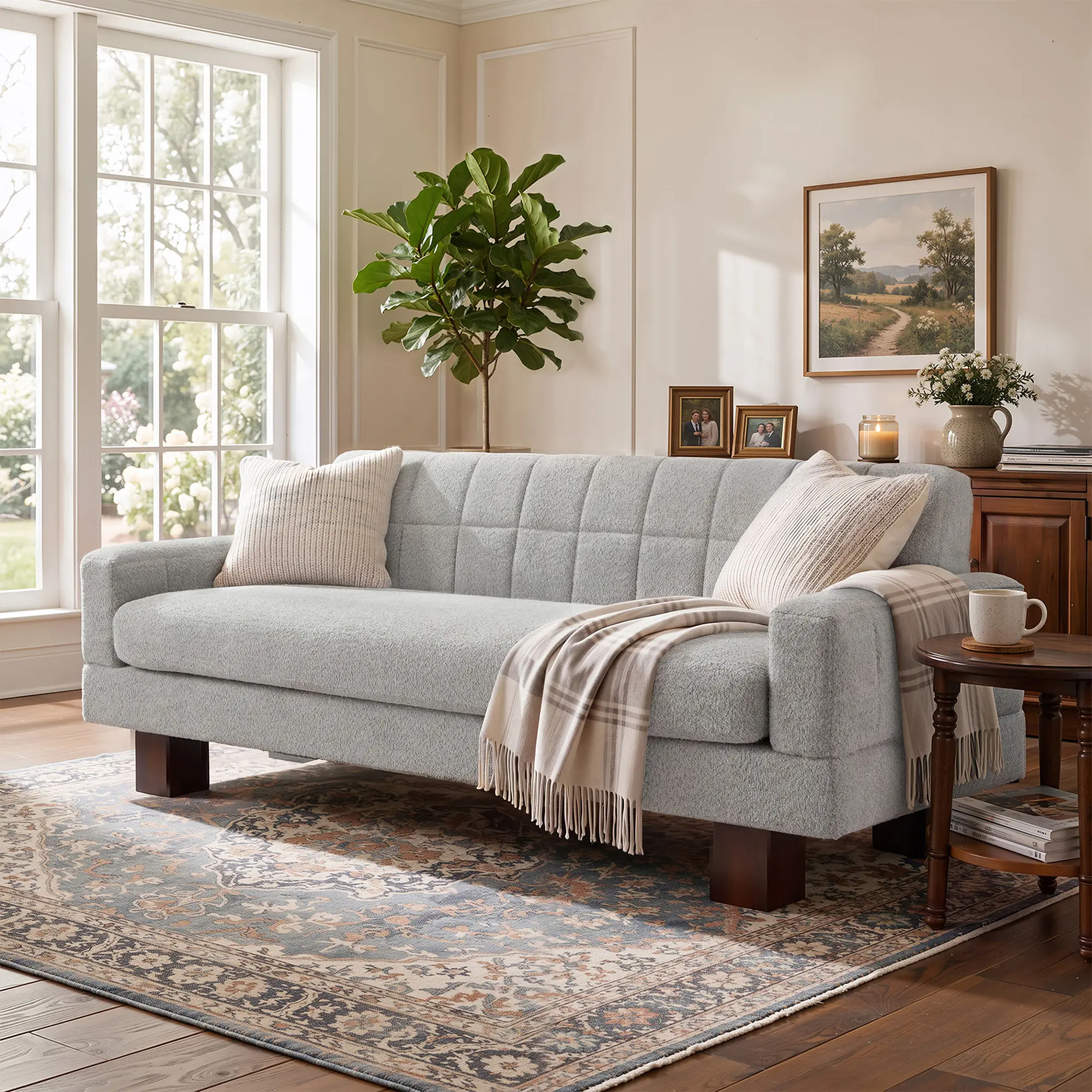 ARCH Modern Loveseat Sofa 2-Seater Couch Boucle Fabric Biscuit Back Square Arms Single Cushion Seat Upholstered Living Room Bedroom Furniture Light Grey-Blue Wood Legs, Light Grey-Blue Color Options, Boucle Material, 2 Seat Seat Count