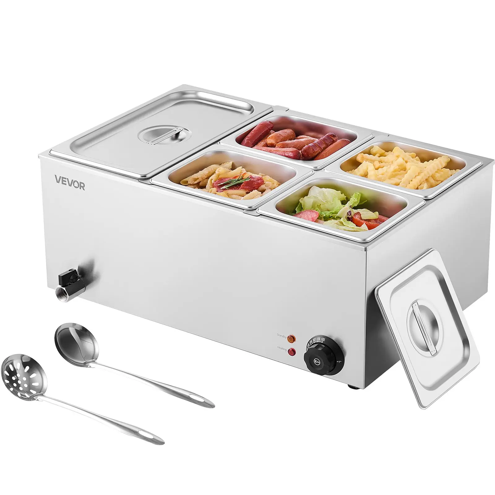 VEVOR M-112 24QT Commercial Food Warmer, 1200W Stainless Steel Countertop Bain Marie with 5 Stainless Steel Pans (1x1/3-size + 4x1/6-size), 15.3QT Capacity, 86-185°F Temp Control, Anti-Dry-Burning Function, 540x360x250mm, 7.95kg for Catering, Restaurants