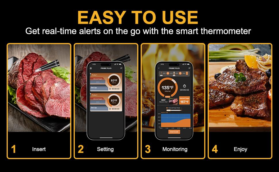 Wireless Bluetooth Meat Thermometer with 2 Ultra-Thin Probes, Smart Digital Food Thermometer 600FT Remote Range, Standalone Smart Base for Grill Smoker Roast Oven, Cooking Gifts