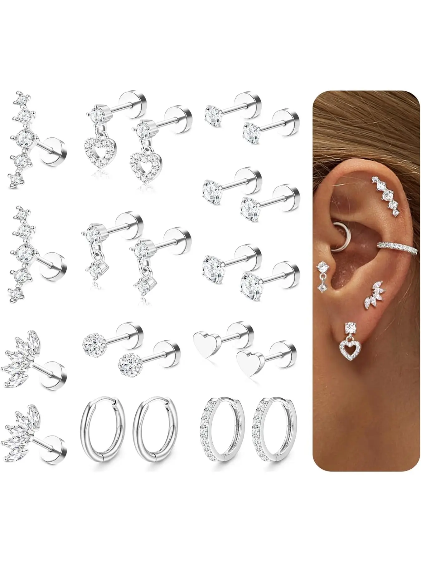 Flat Back Earrings for Women,20G Conch Tragus Helix Piercing Jewelry Hypoallergenic Cartilage Earring Stacks,Cartilage Earring Sets,Surgical Stainless Steel Earrings for Sensitive Ears,Flatback Stud,Hoop,Earring Set