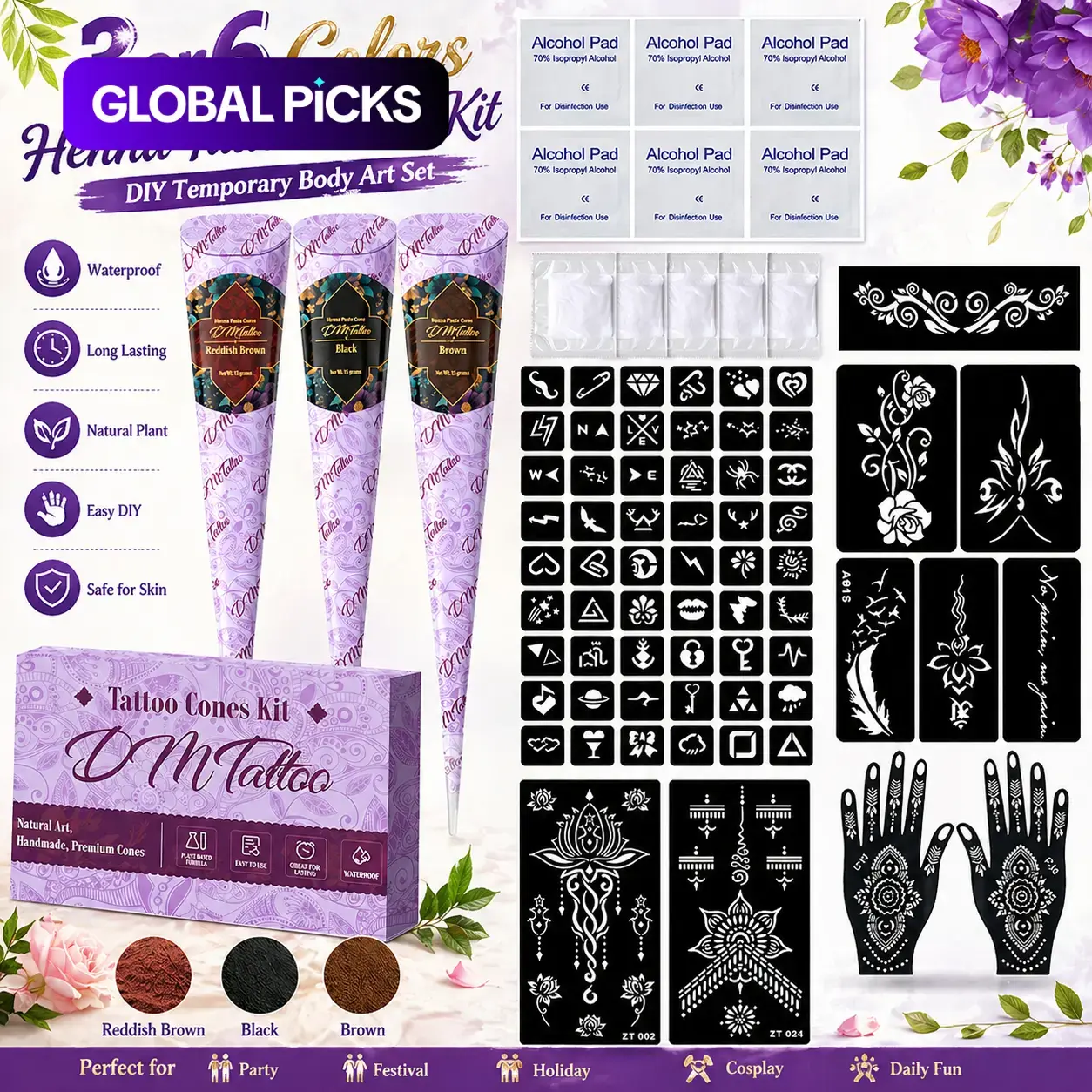 Creative DIY Henna Tattoo Paste Set with Vibrant Colors, Henna Cones & Various Stencils for Diverse Designs, Mild Skin-Friendly Waterproof Long-Lasting Color for Festive Dressing Styles #GLOBAL PICKS