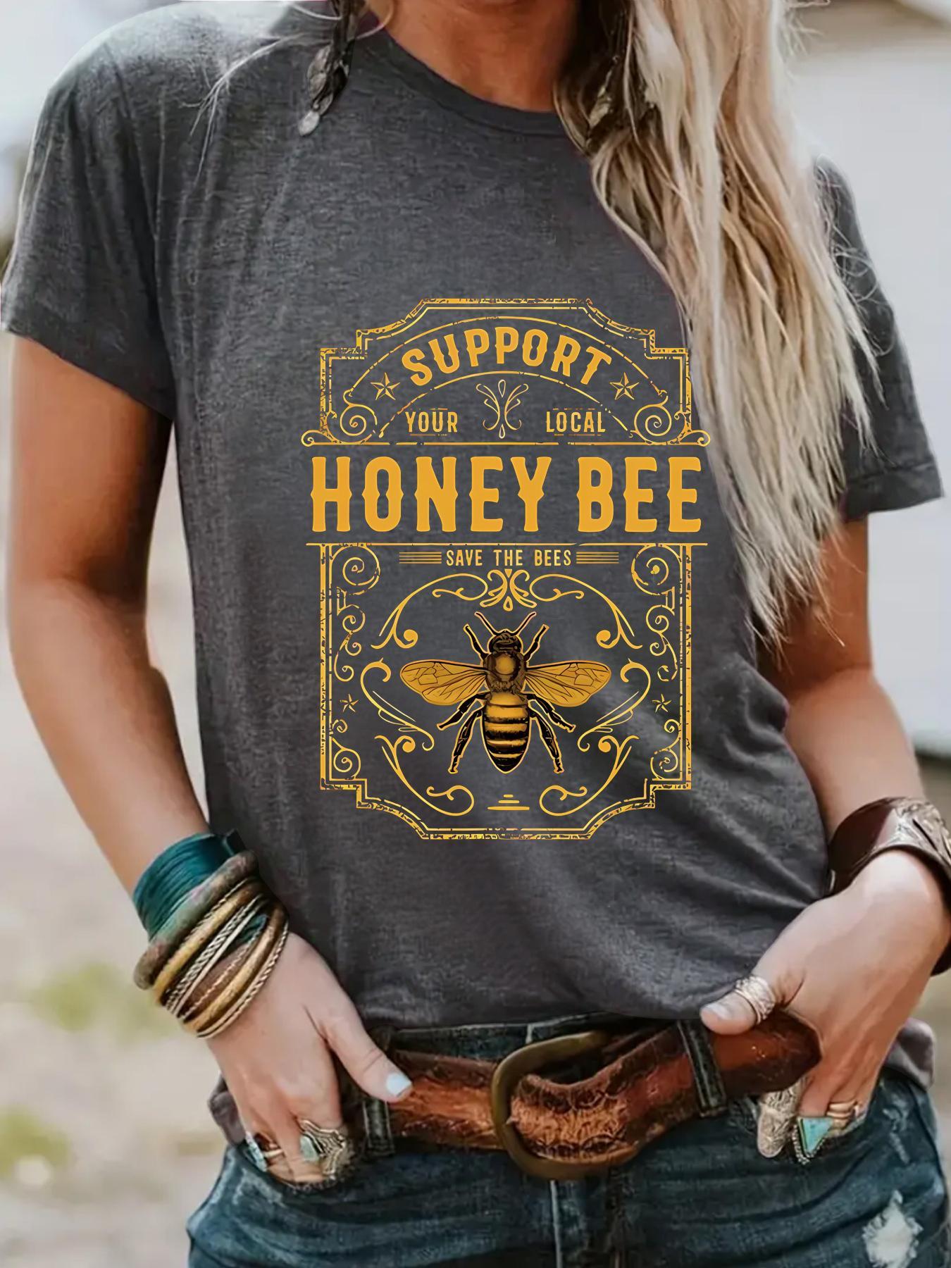 Women's Honey Bee Print Round Neck Graphic Tee, Vintage Trendy Casual Fitted Short Sleeve T-shirt for Daily Wear, Ladies Summer Outfit