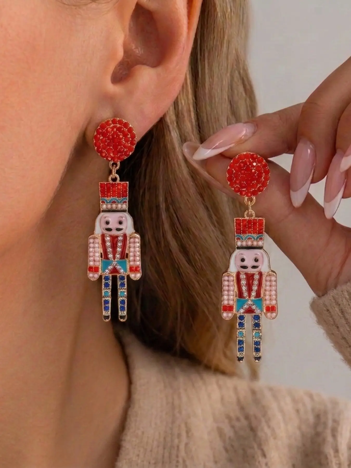 Christmas Nutcracker Soldier Dangle Earrings Pave Red Rhinestone Round Stud Colorful Crystal Enamel Nutcracker Drop Earrings Gold Plated Winter Xmas Holiday Women Party Jewelry