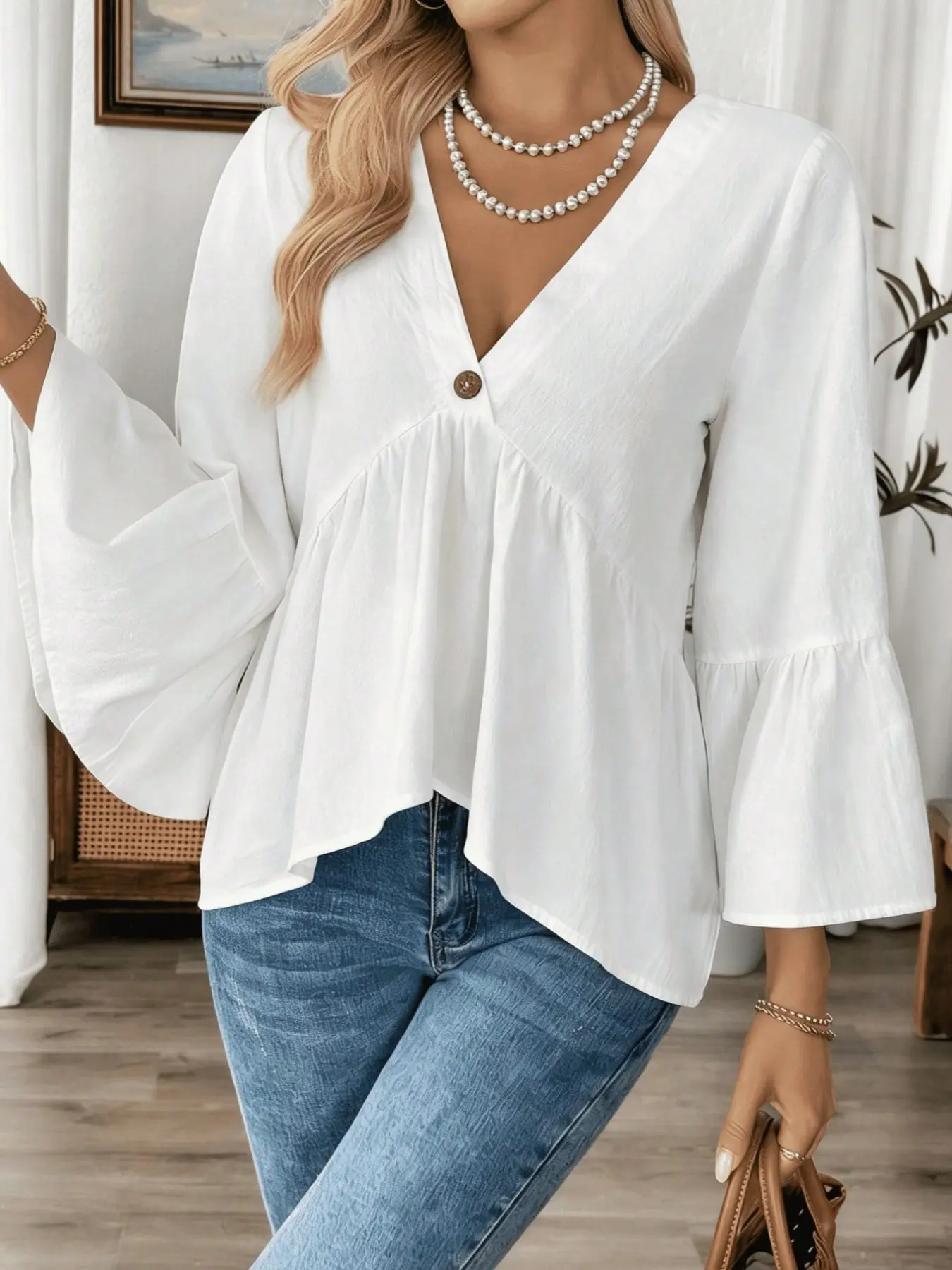 Women's Fashion Bell Sleeve Waist Cinch Short T-Shirt, V Neck Single Button Pleated Waist, Loose Casual Chic Doll Shirt, Versatile Streetwear Top, Boho Resort Blouse