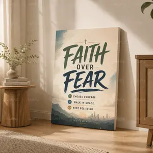 Faith Over Fear Vertical Canvas Wall Art, Inspirational Christian Poster, Home Decor for Living Room Bedroom Study, Available as Unframed Canvas Poster or Framed Canvas Wrap