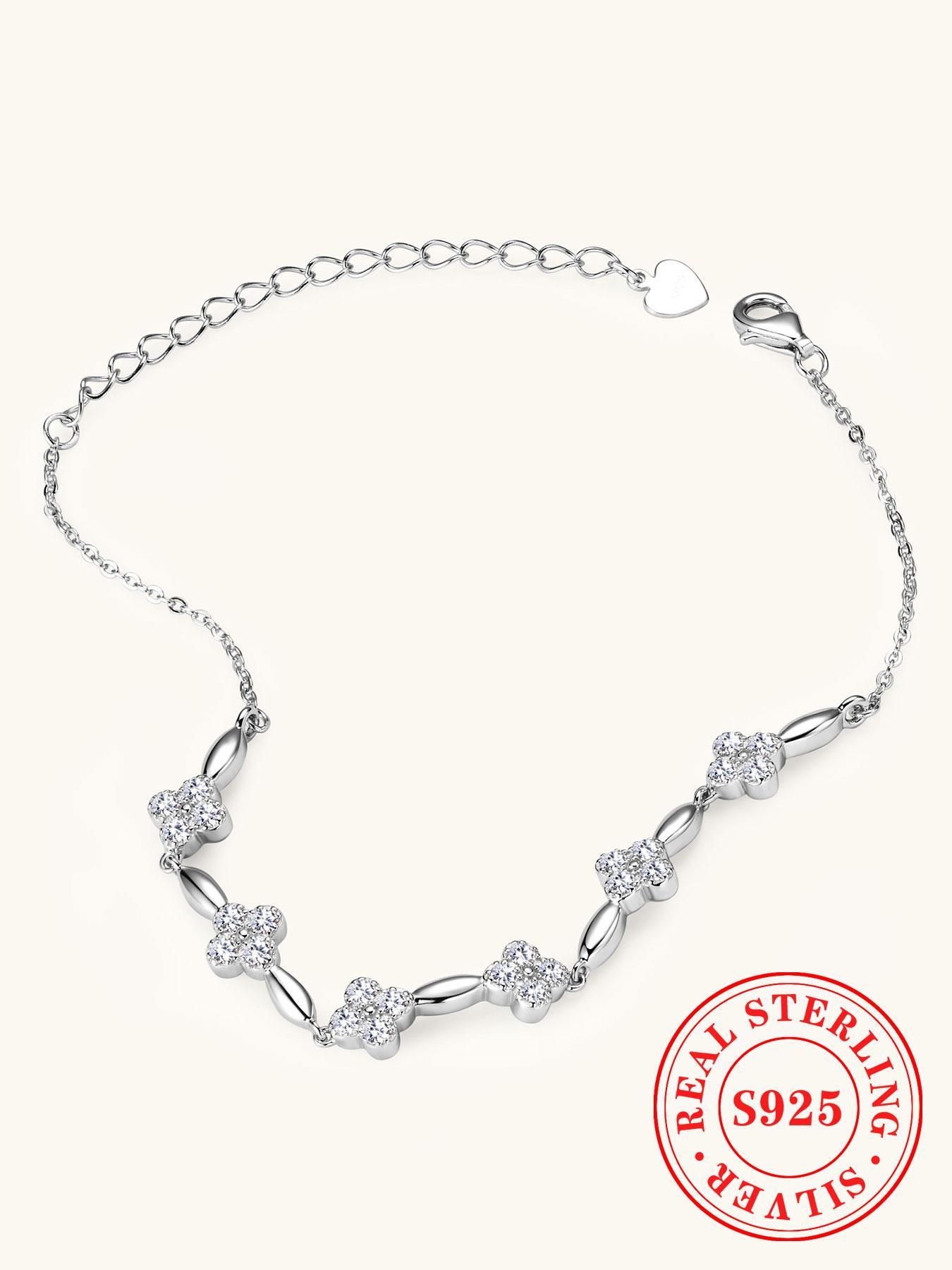 S925 Sterling Silver Flower Design Lobster Closure Bracelet, High Quality Bracelet, Fashionable Synthetic Moissanite Decorated Bracelet for Women & Girls, Trendy All-match & Exquisite Jewelry for Birthday Gift
