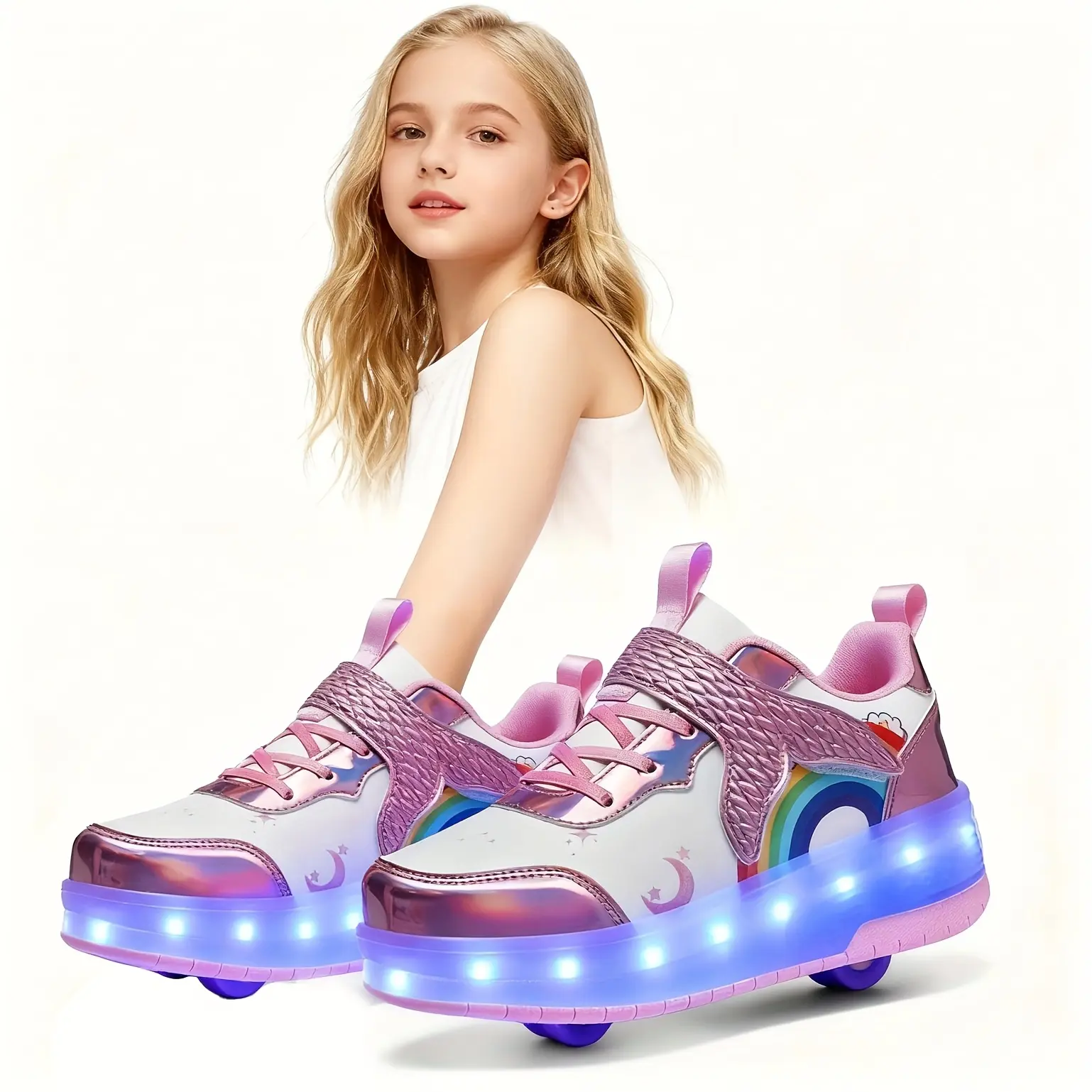 Girls' Rainbow Wing PU Skate Shoes, 2-in-1 LED Roller Sneakers with Removable Wheels, USB Rechargeable Light Show, CPSIA Safe & Machine Washable, Girl, Removable Skates
