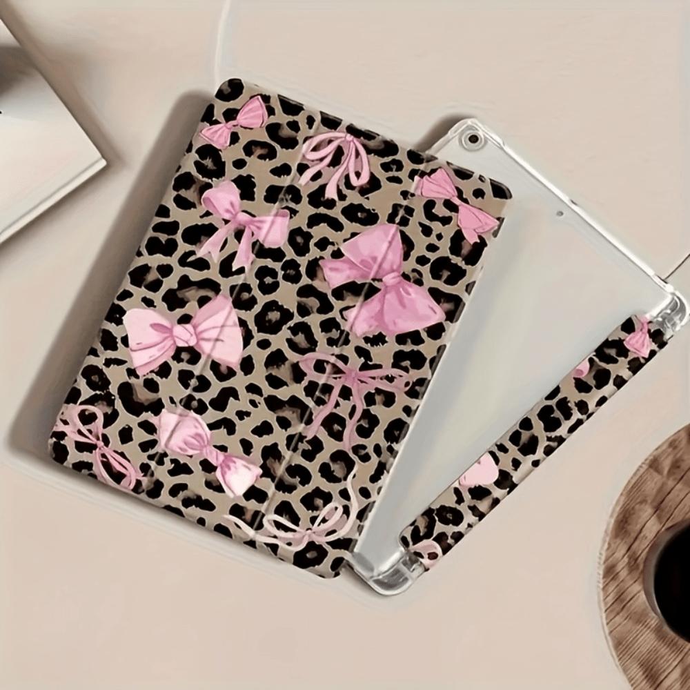Leopard Print Bowknot Tri-Fold iPad Case, for mini 3/4/5/6/7, Air 1/2/3, Pro Series, Galaxy Tab S6/S7/S8/S9/S10, A7/A8/A9. With pencil holder, kickstand and auto sleep function. Perfect holiday gift choice.