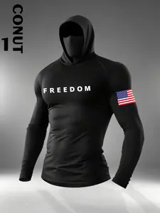 Trendy Patriotic Freedom Balaclava Hood Compression Long Sleeve Tee, Versatile Outdoor Athleisure Wear, Anti-Odor Sweat Wicking Lightweight Material, Matches Tactical Pants, Camo Bottoms & Work Boots