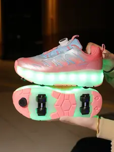 Roller Skates, LED Rechargeable, Maroon Color, Spring Summer Low Top Sport Shoes, Adjustable Buckle, Four Wheels, Brake Function