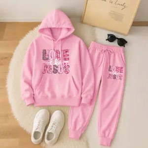 Women's LOVE LIKE JESUS Leopard Print Hoodie and Drawstring Track Pants Set, Casual Sportswear, Long-Sleeved Hooded Jacket and Pants, Suitable for Autumn and Winter, Everyday Wear, Indoor and Outdoor Sportswear Set