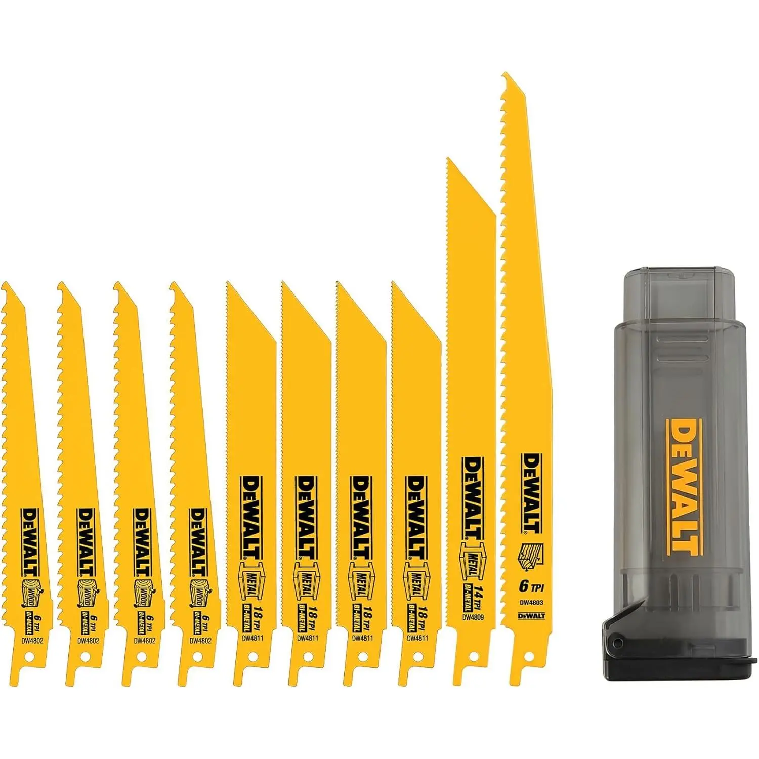 Reciprocating Saw Blades, 10 Piece  Combination Set with Case, Sizes 6 In to 9 In, Life (DW4898)