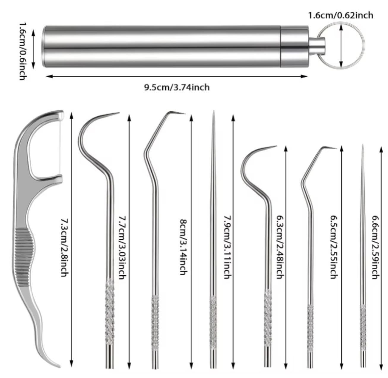 7PCS Stainless Steel Toothpick Pocket Set, Dental Floss Pick, Reusable Teeth Cleaning Tools Kit with Portable Holder, Keychain Design for Outdoor Picnic, Camping, Travel Essentials