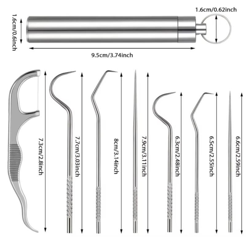 7PCS Stainless Steel Toothpick Pocket Set, Dental Floss Pick, Reusable Teeth Cleaning Tools Kit with Portable Holder, Keychain Design for Outdoor Picnic, Camping, Travel Essentials