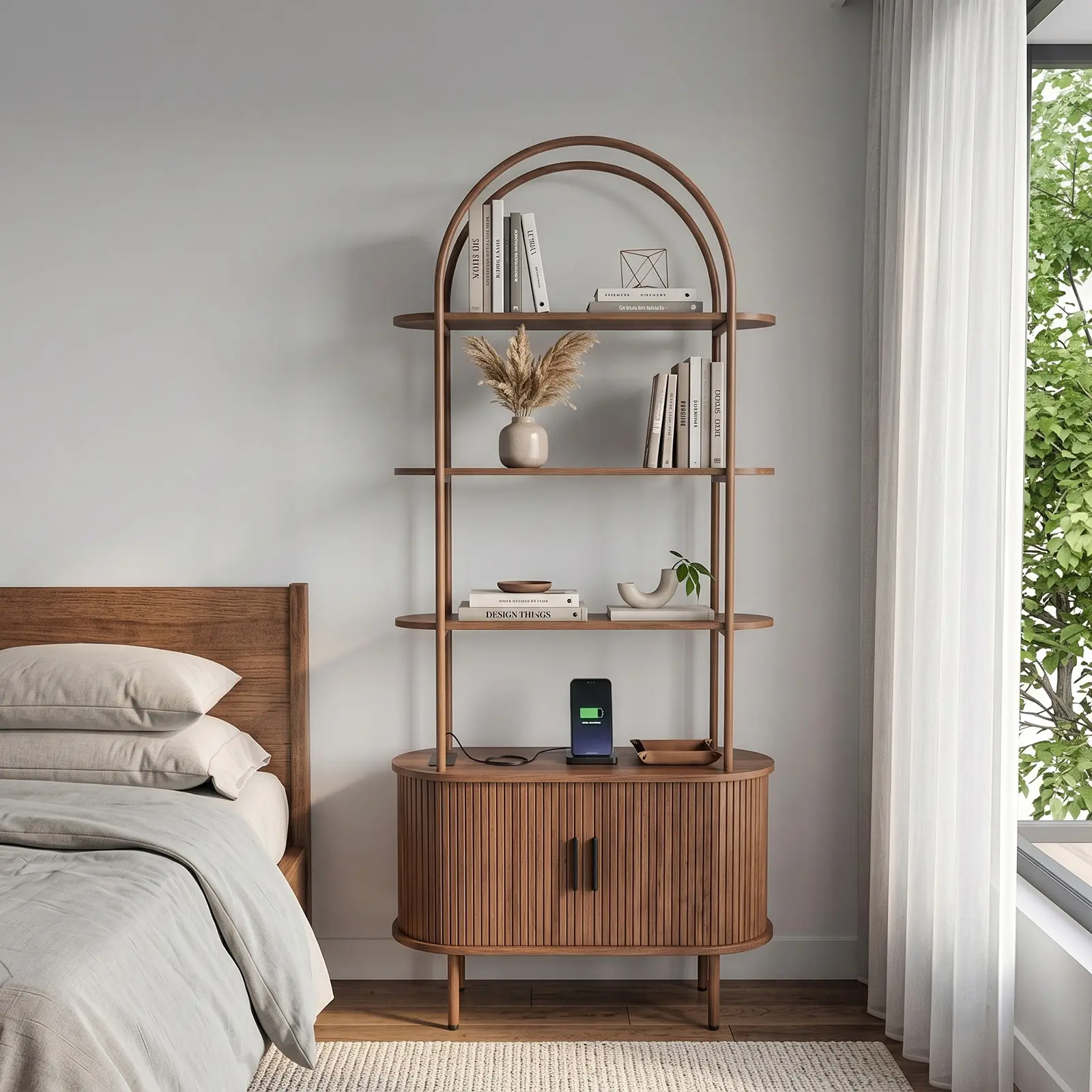 Industrial Large Size Wobble-Free Display Cabinet, Arched Ceiling 4-Layer Open Shelving Double-Door Roller Shutter Locker with Black US Standard Charging Ports (1USB+1Type-C), Particleboard Melamine Veneer, Painted Iron Pipe, 31.5*13.78*70.87in Walnut