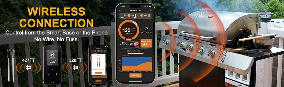 Wireless Bluetooth Meat Thermometer with 2 Ultra-Thin Probes, Smart Digital Food Thermometer 600FT Remote Range, Standalone Smart Base for Grill Smoker Roast Oven, Cooking Gifts