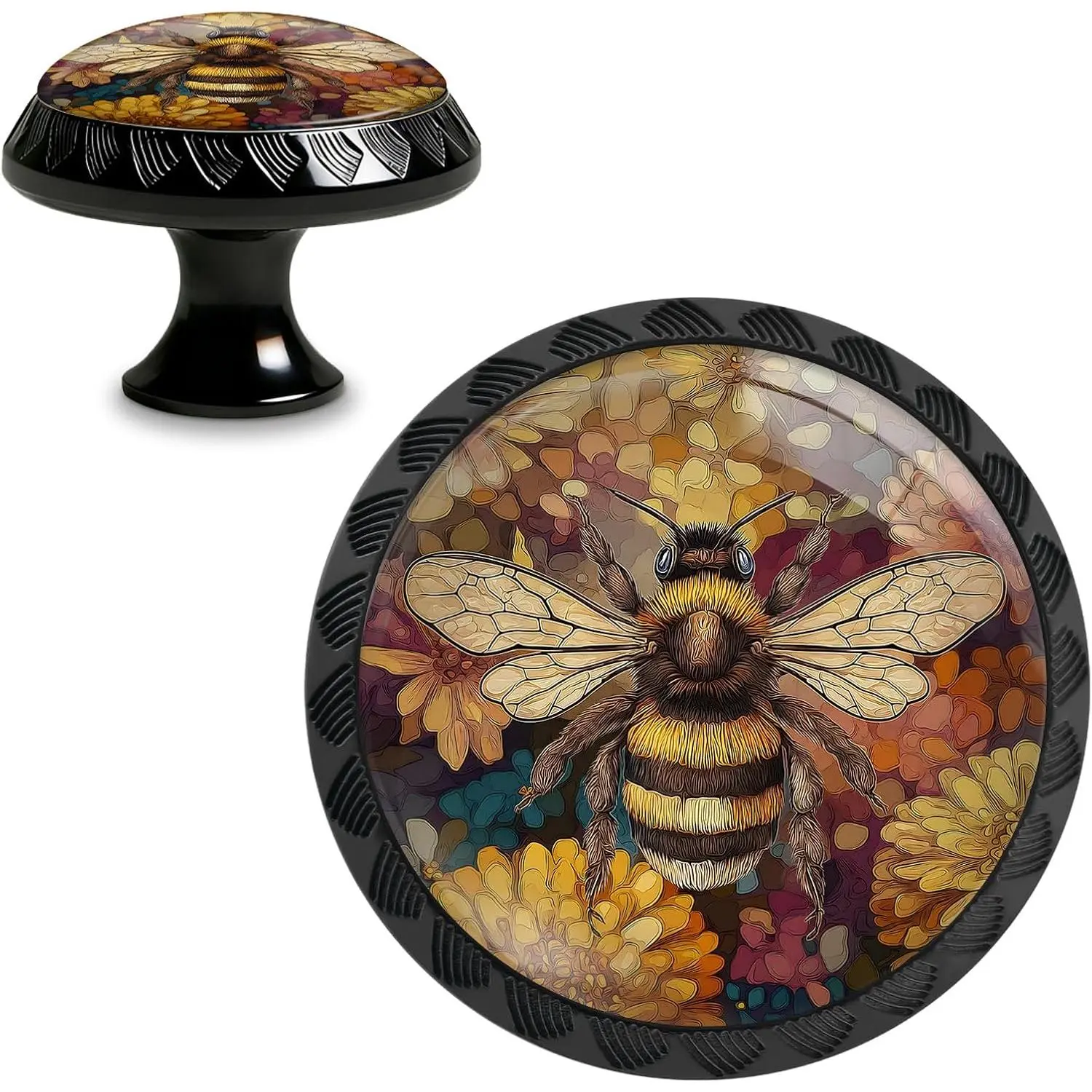 4 Pack Bumblebee Floral Cabinet Knobs Pulls,  Glass Round Drawer Dresser Knob for  Dresser Kitchen Wardrobe Cupboard Door Handles