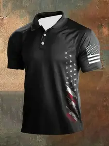 Men's American Flag Pattern Short Sleeve Golf Shirt, Slim-Fitting, All over Print, Spring Summer Fall Wear, Stylish Polo Top