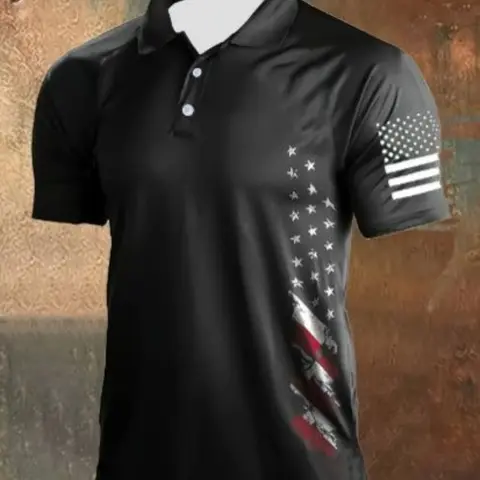 Men's American Flag Pattern Short Sleeve Golf Shirt, Golfing Apparel, Slim-Fitting, All over Print, Spring Summer Fall Wear, Stylish Polo Top