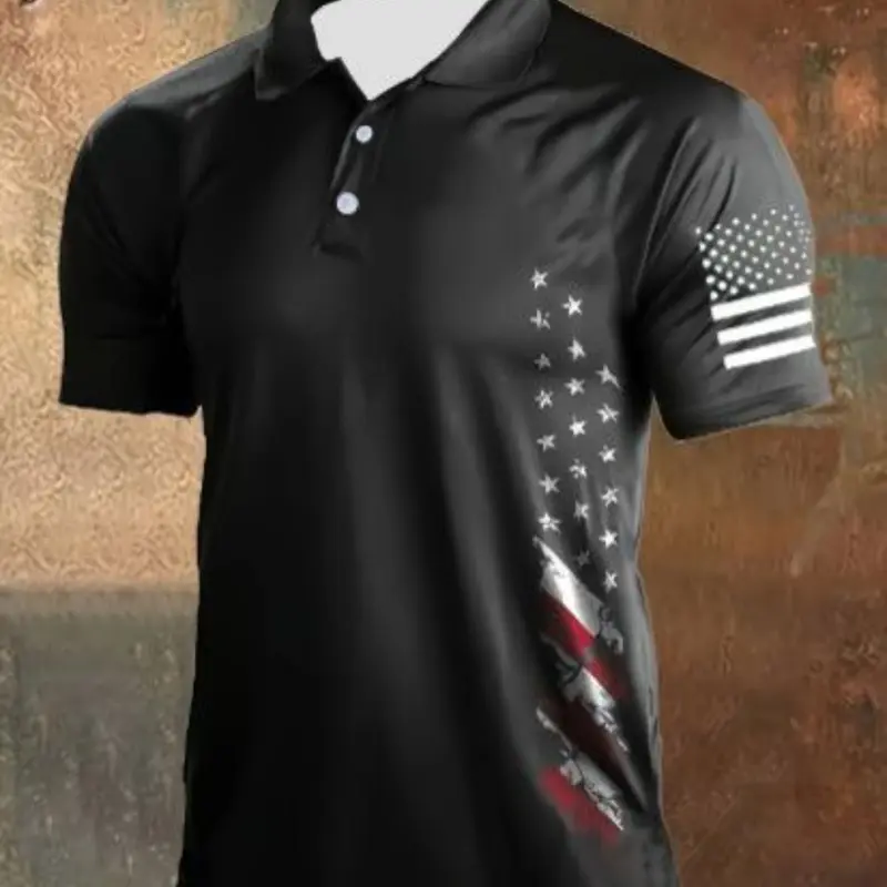 Men's American Flag Pattern Short Sleeve Golf Shirt, Golfing Apparel, Slim-Fitting, All over Print, Spring Summer Fall Wear, Stylish Polo Top