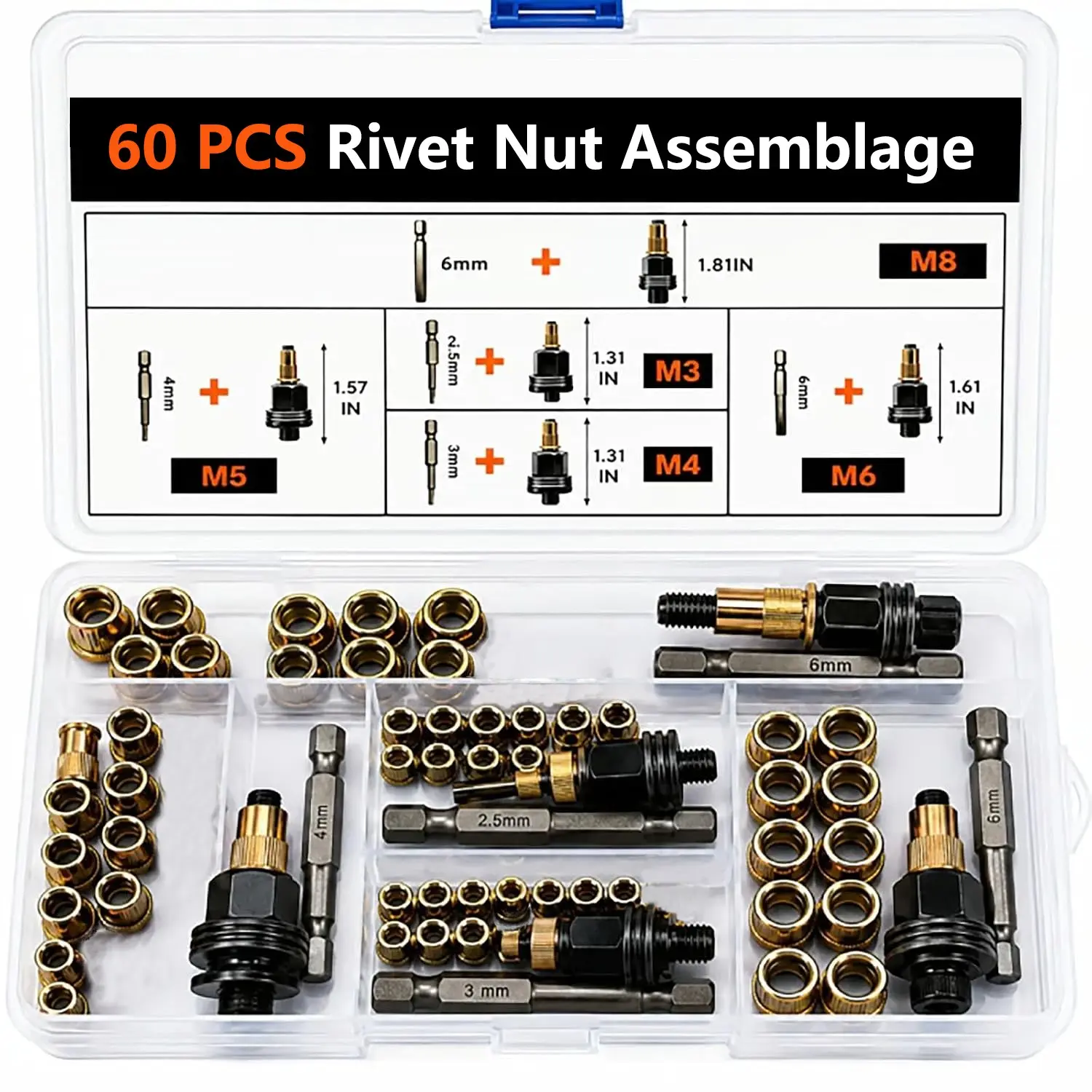 60 PCS Rivet Nut Tool Set - Manual Riveting Kit - Rivet Nuts (M3-M8) Each set includes a drill bit and 10 rivet nuts. Manual Thread Insert Nut Gun - Suitable for Metal DIY Auto Repair and Furniture Work