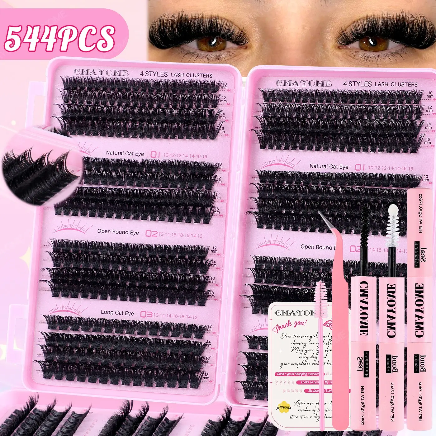 640/544 Pcs Lash Kit | D Curl Fluffy Clusters | w/ Glue, Brush & Tweezers | Beginner | Volumizing | Daily/Party/Travel/Gift | Summer Stock