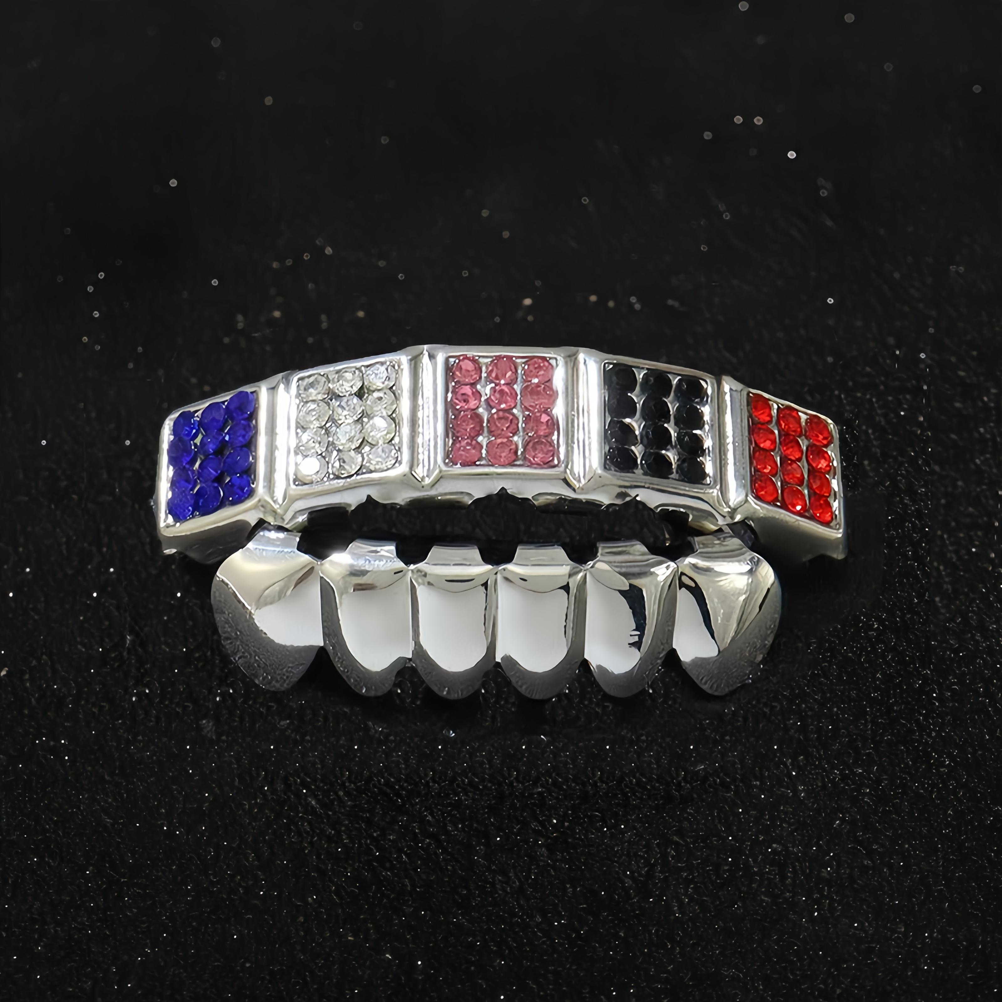 2 pcs Gothic Hip-Hop Style Colorful Zirconia Teeth Grillz - Halloween Jewelry for Men and Women, Halloween Accessories | Bold Fashion Accessory | Durable Zirconia Teeth Grillz