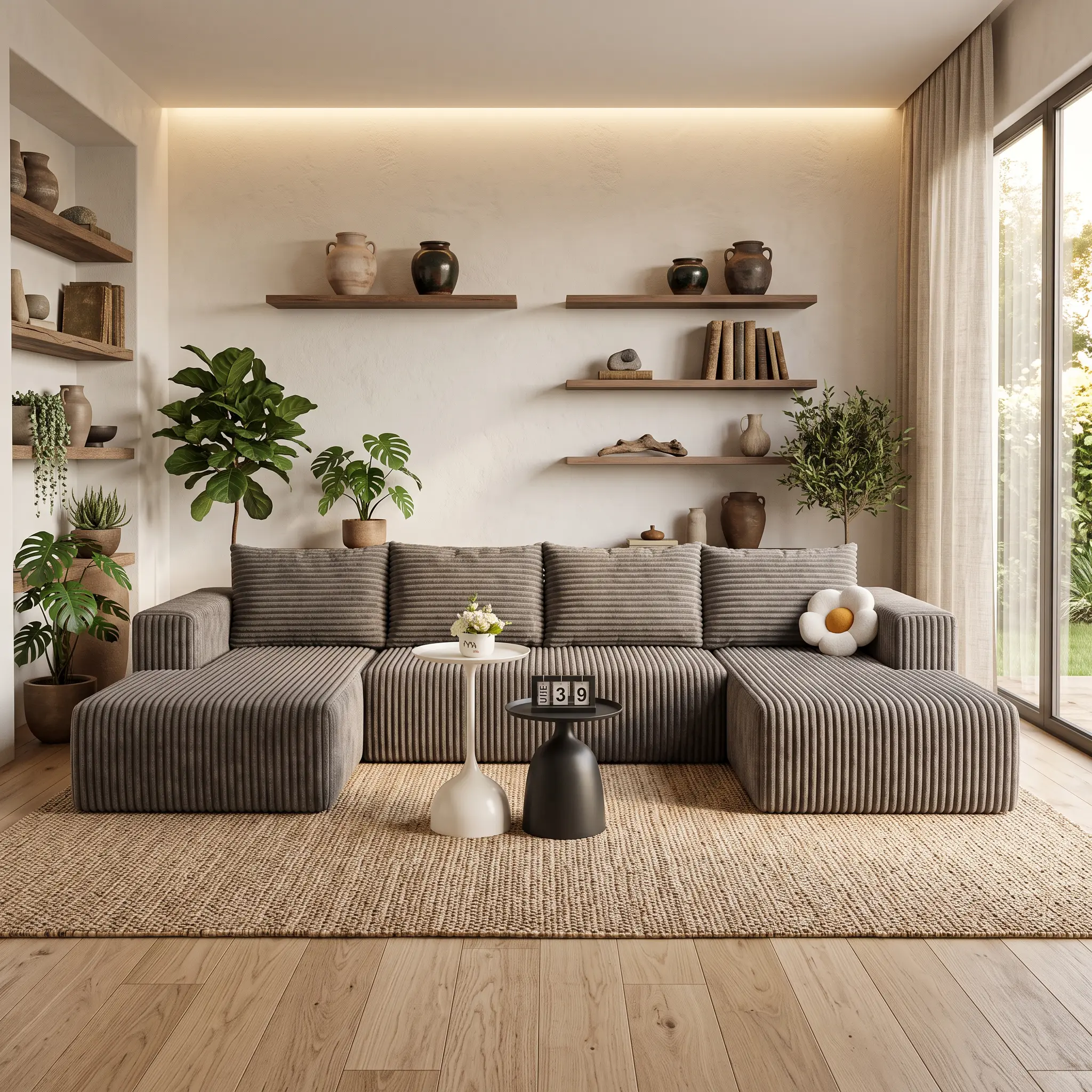 126-inch bone-free sofa — modular sectional sofa featuring soft, comfortable chenille fabric.It comes with a headrest pillow that helps relax your neck.Minimalist ultra-large U-shaped sofa, including a chaise lounge, paired with plush throw pillows and ba