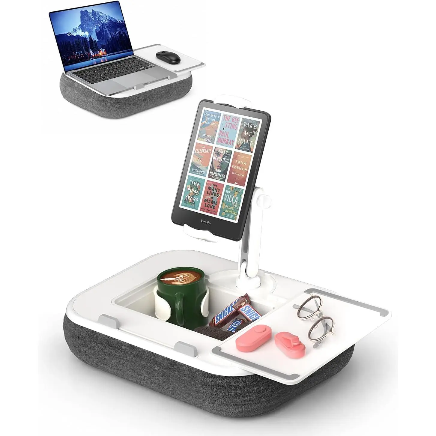 Kindle Pillow Stand Holder, Phone Holder for Bed, Laptop Lap Desk with  Pad,Compatible with 4.7-13" Kindle/Tablet/Phone,10-15" Laptop, Snack Bowl&Cup Attachment&Detachable 360°Stand Arm