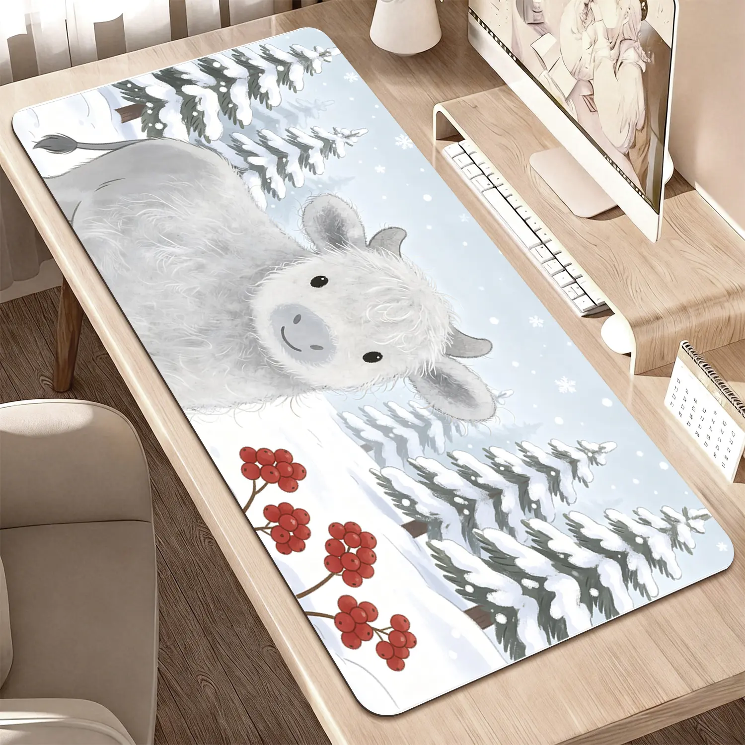 Premium Fluffy White Yak In Snow Forest Illustration High Quality Mouse PadModern Office Gaming Comfort ExperienceNon?Slip Durable For Daily Work And Play 40*80cm 40*90cm30*70cm