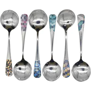 6pcs Round Head Soup Spoons with Fashion Printing Pattern 6.22inch Tablespoon 18/10(304) Stainless Steel Korean Spoons Rice Dessert Tea Coffee Bouillon