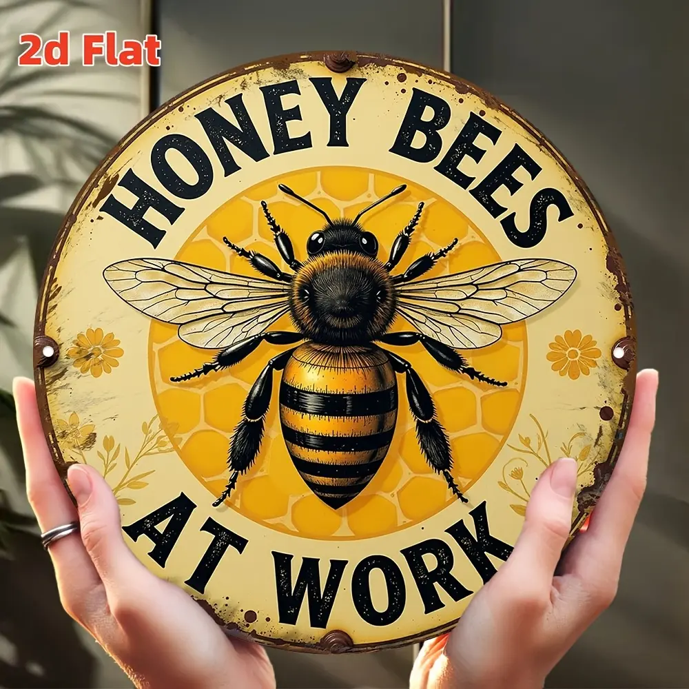 2D Flat, 2D Flat Bee-Themed Round Wall Art Sign - "Bees at Work" Rustic Aluminum Metal Plaque, 7.79x7.79inch Weather-Resistant Indoor/Outdoor Decor for Garden, Honey Sign, Retro Metal Signs, Vintage, Metal Sign, German Phrases Metal Signs