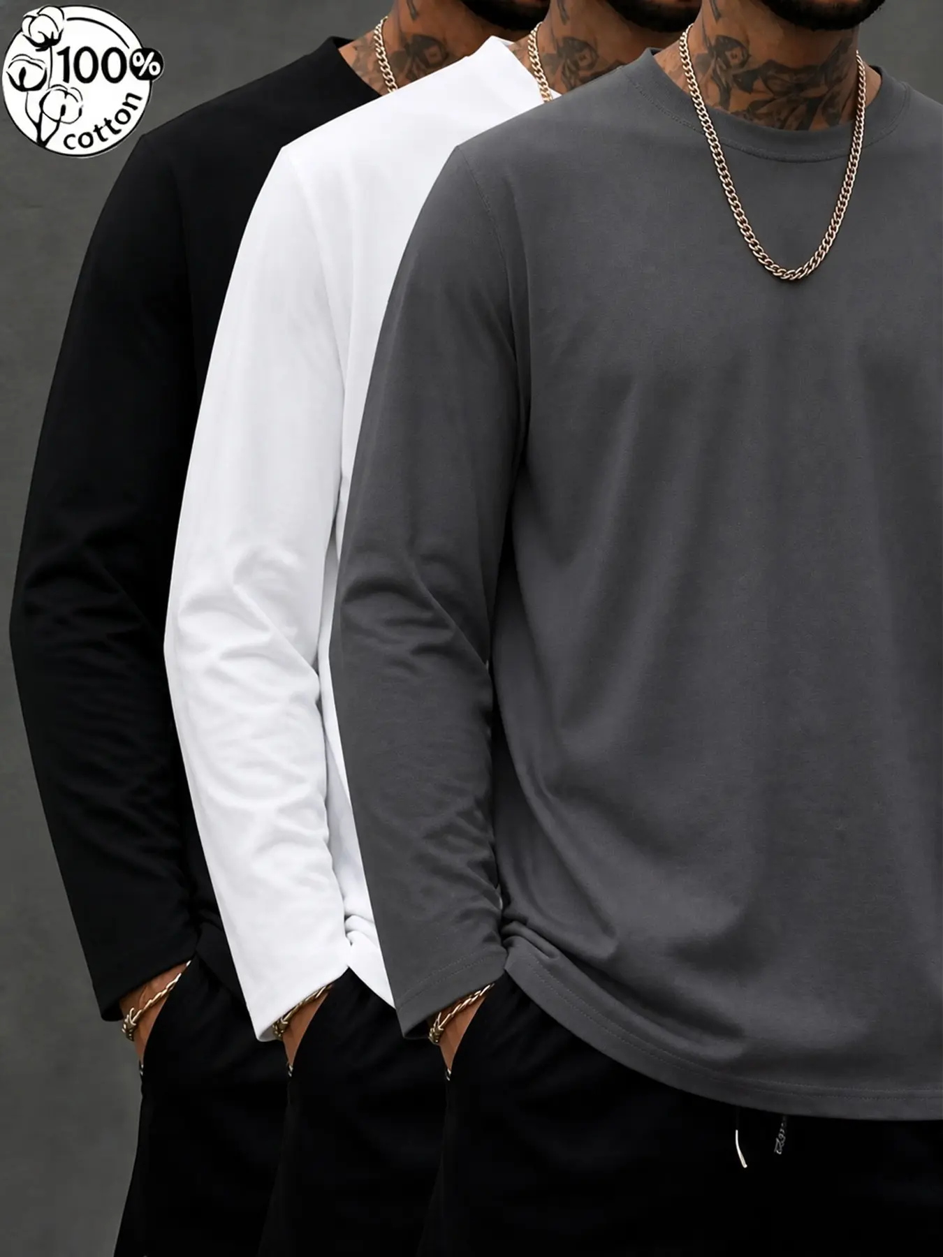 3 Pack Men's 100% Cotton Long Sleeve T Shirts, Solid Color Crew Neck, Round Neck Basic Tees, Breathable Casual Everyday Tops, Multi Color Bundle