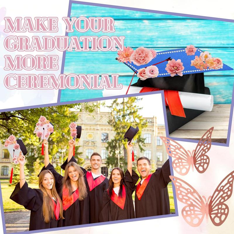 Graduation Cap Decorations Kit Grad Cap Topper Decor Includes Glitter Paper 3D Butterfly Faux Flower Letters Stickers, Cap Decorations for DIY Graduation Cap Topper (Pink)
